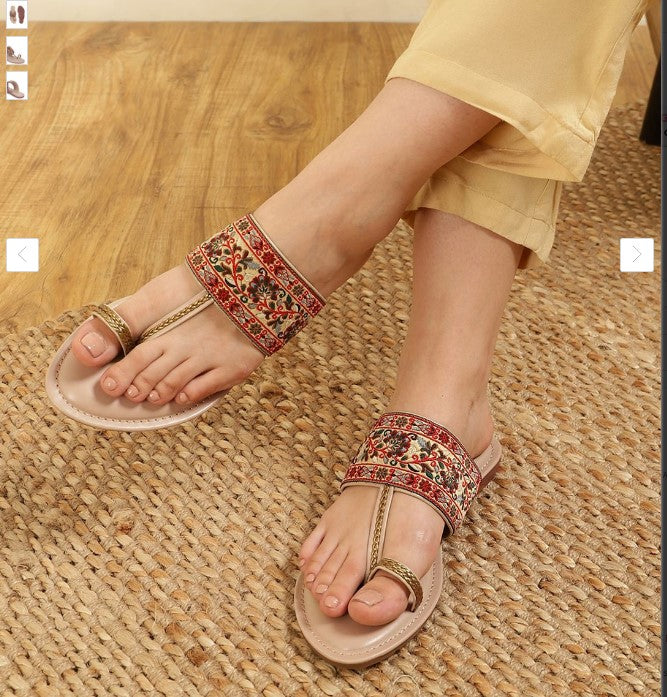 Women's Beige Ethnic Embroidered Flat Sandals