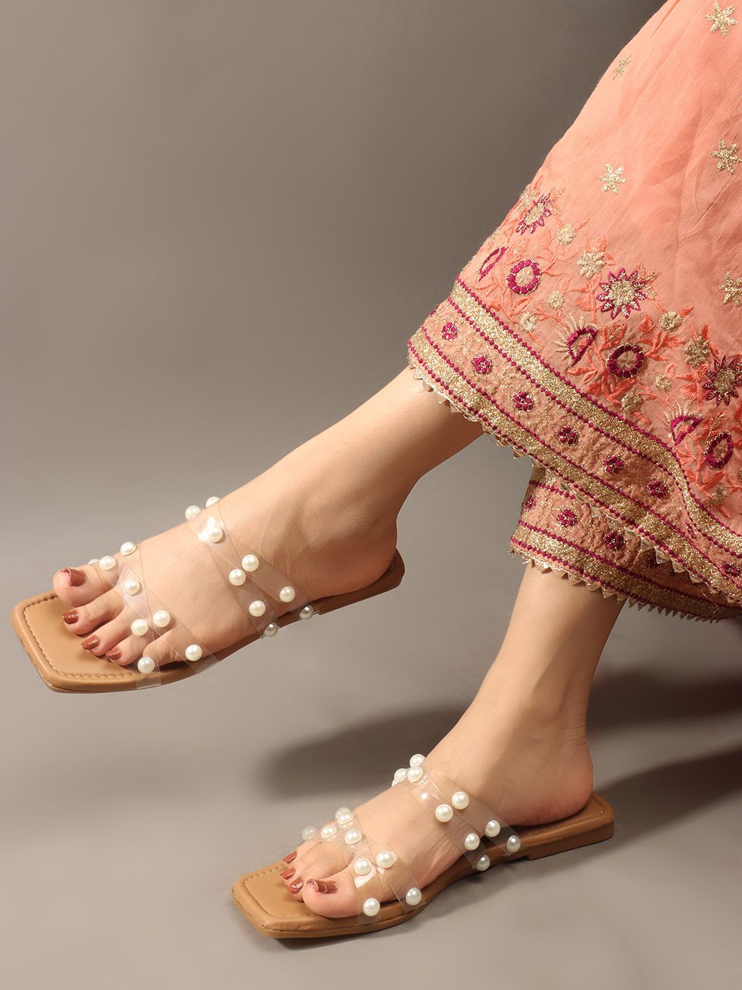Women's Tan Pearl Embellished Flat Sandals