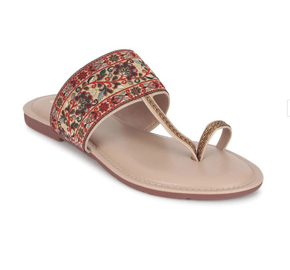 Women's Beige Ethnic Embroidered Flat Sandals
