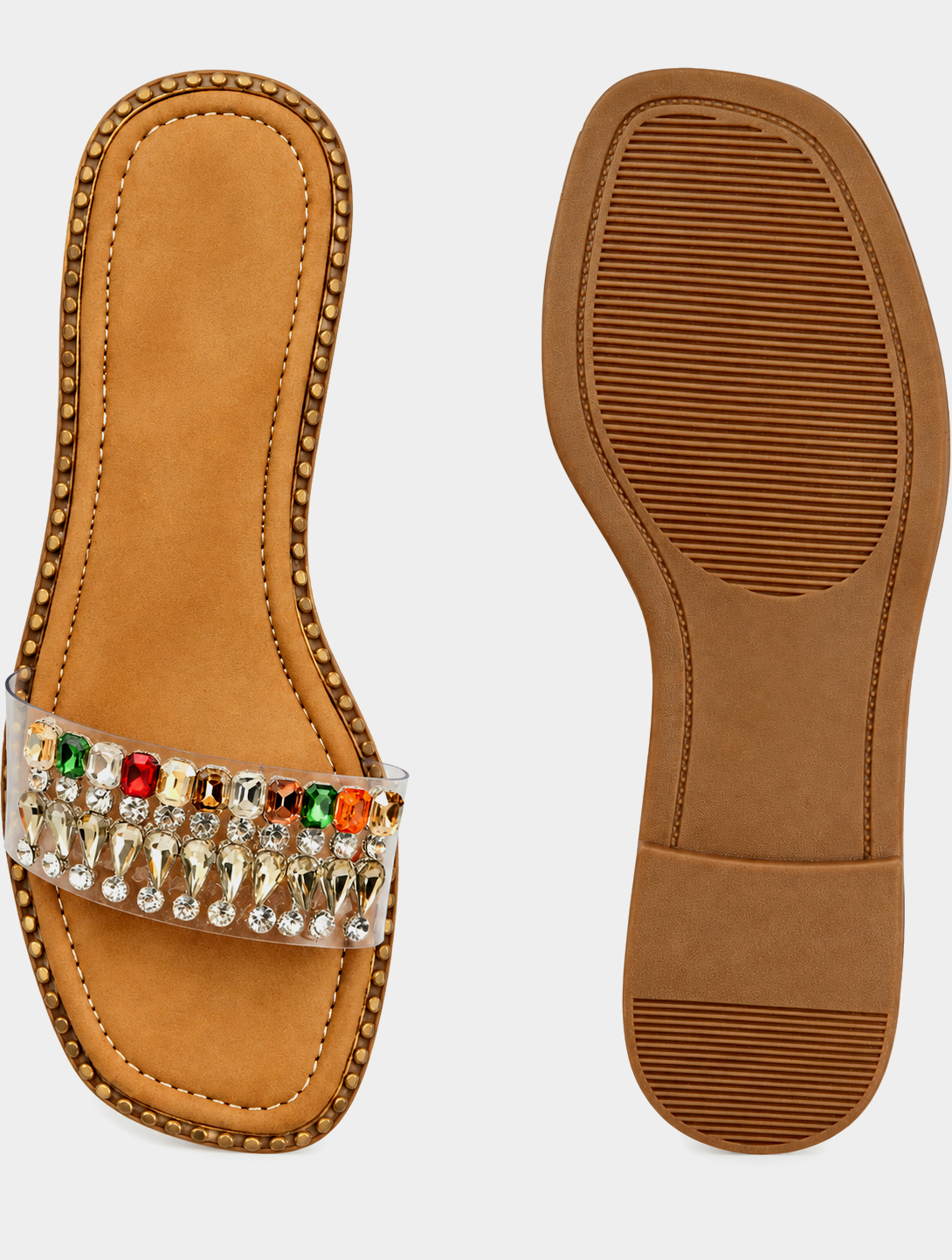 Women's Tan Rhinestone Embellished Flat Sandals
