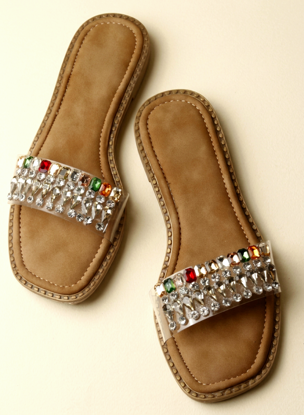 Women's Tan Rhinestone Embellished Flat Sandals