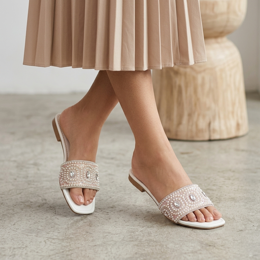 Women White Pearl Embellished Flat Sandals