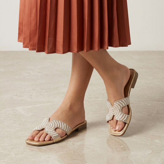 Women's Beige Pearl Embellished Flat Sandals