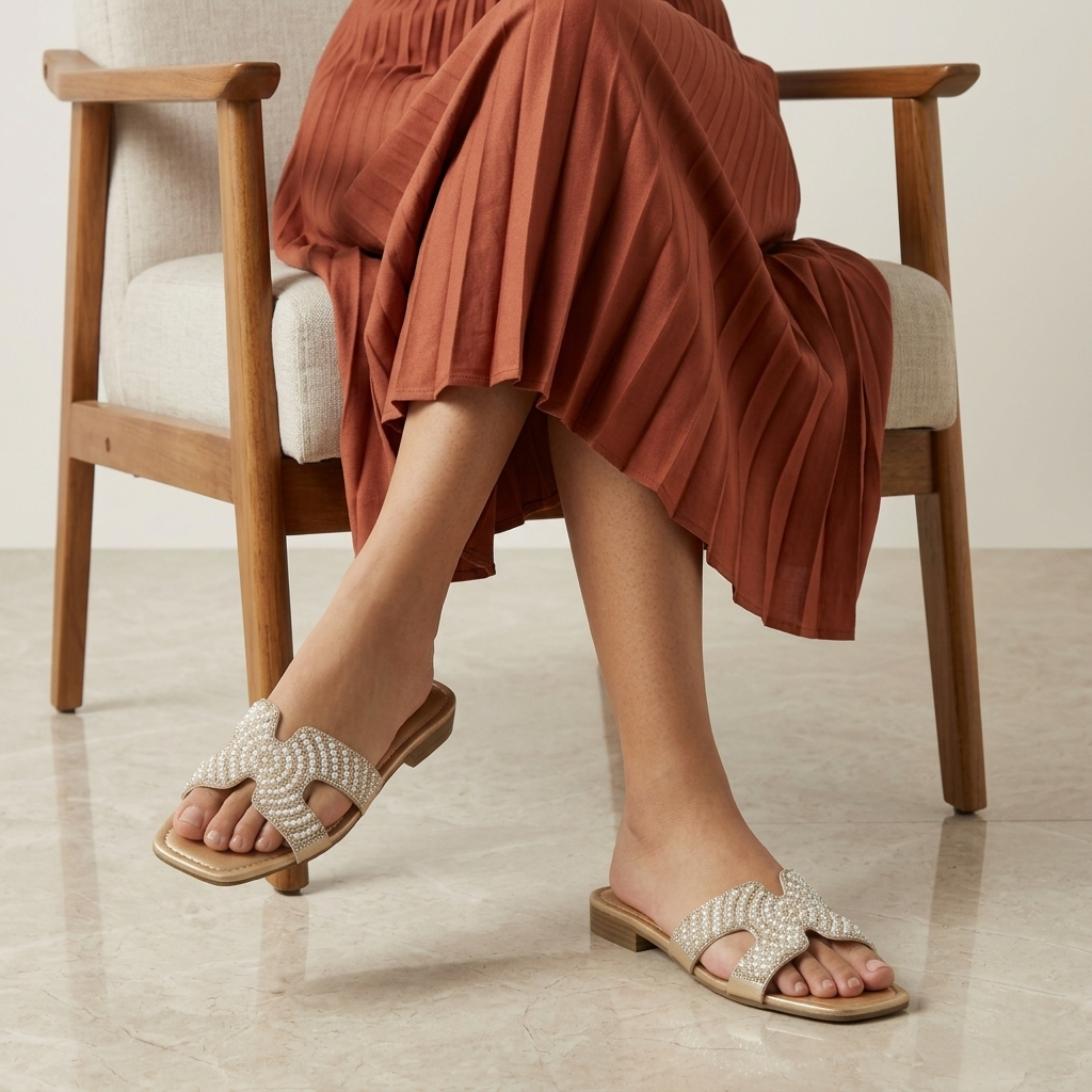 Women's Beige Pearl Embellished Flat Sandals