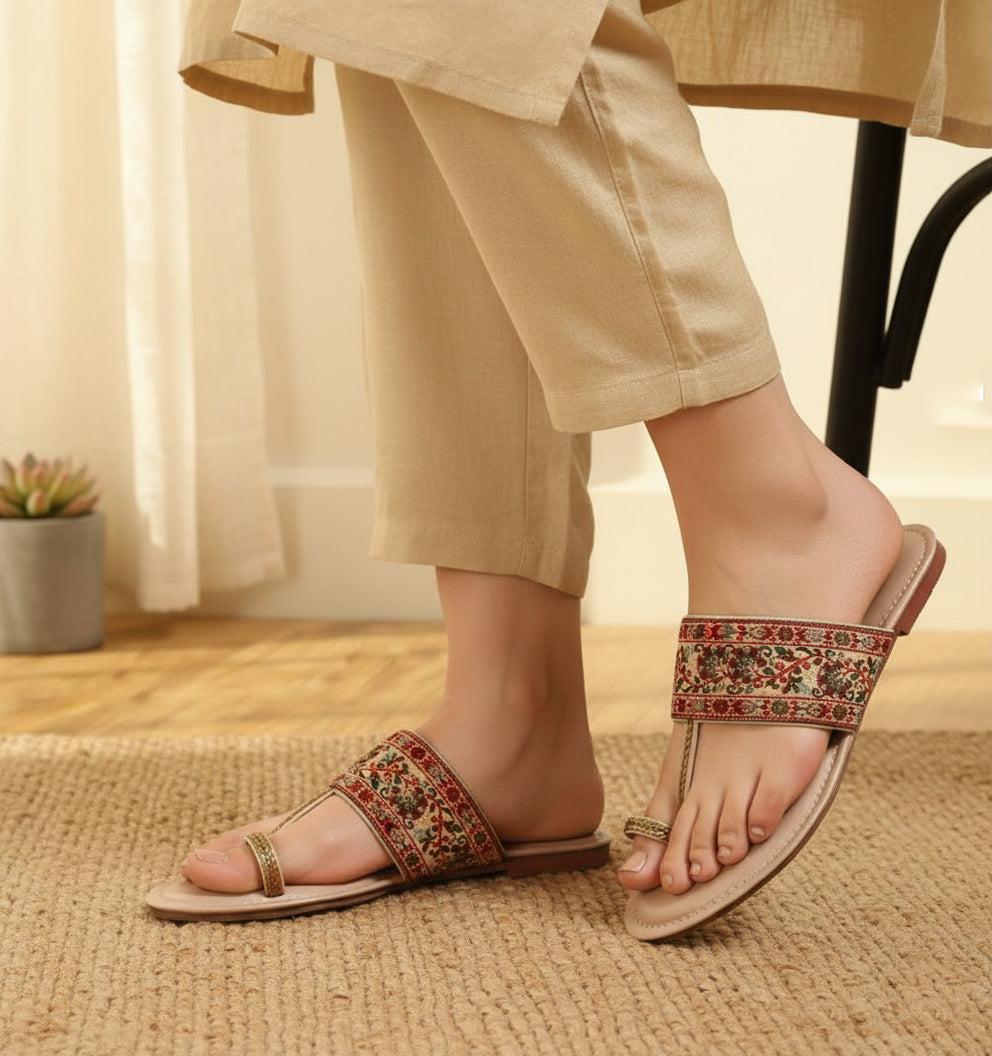Women's Beige Ethnic Embroidered Flat Sandals