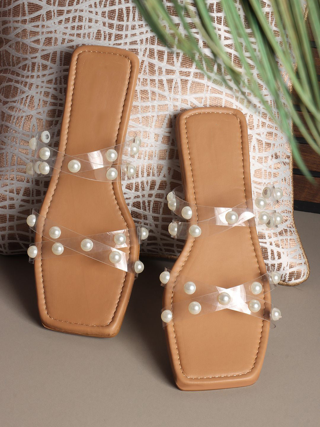 Women's Tan Pearl Embellished Flat Sandals