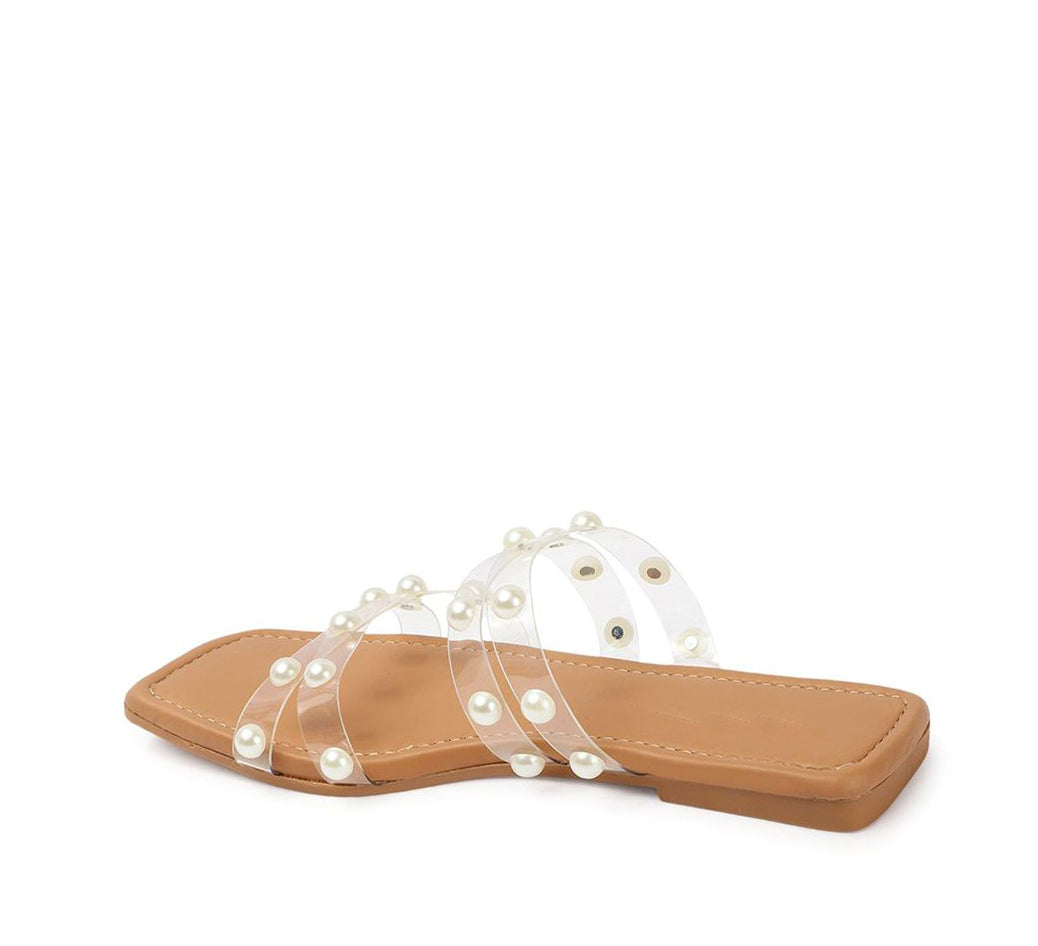 Women's Tan Pearl Embellished Flat Sandals