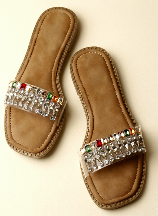 Women's Tan Rhinestone Embellished Flat Sandals